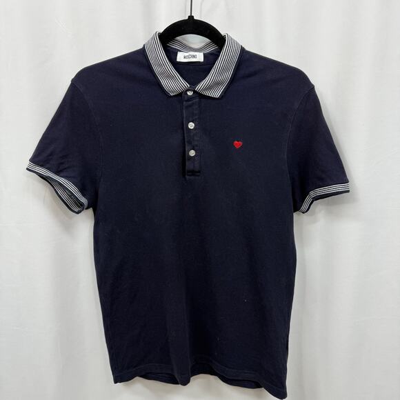 Moschino Navy Blue Heart Detail Stripe Collar 3 Button Polo Men Medium - Picture 1 of 7